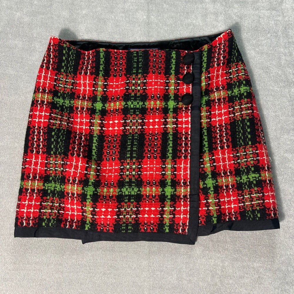 Vineyard Vines Women Mini Skirt Size 4 Red Green Plaid Wool Tweed Holiday Preppy